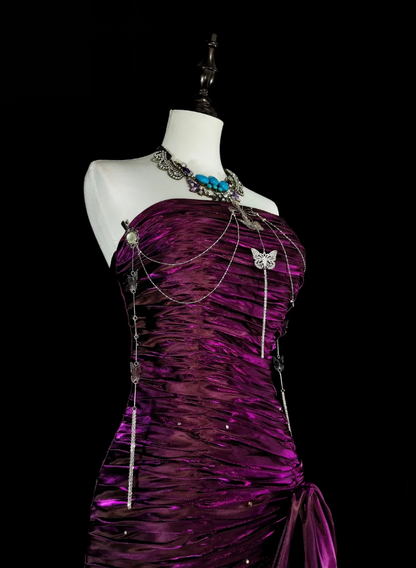 Chic Sheath Long Prom Dresses Purple Birthday Dresses Satin Strapless Evening Dresses ED05959