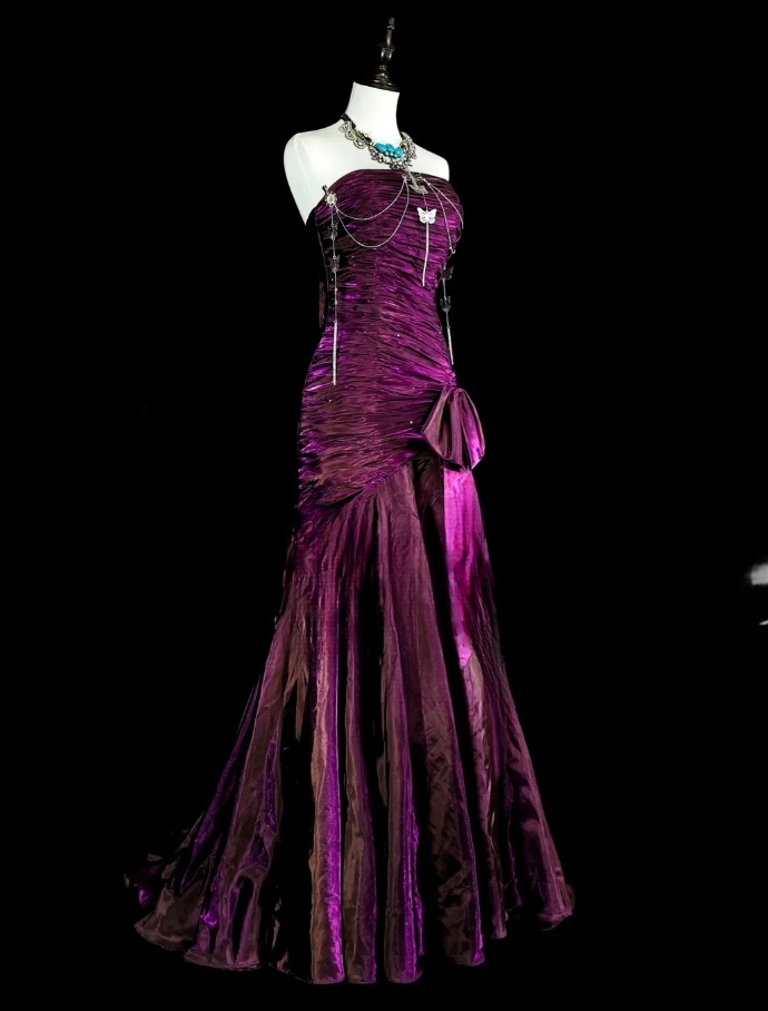 Chic Sheath Long Prom Dresses Purple Birthday Dresses Satin Strapless Evening Dresses ED05959