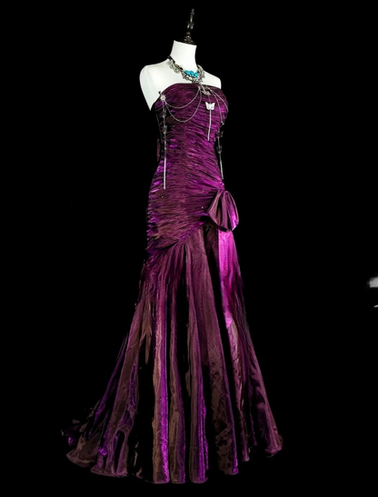Chic Sheath Long Prom Dresses Purple Birthday Dresses Satin Strapless Evening Dresses ED05959