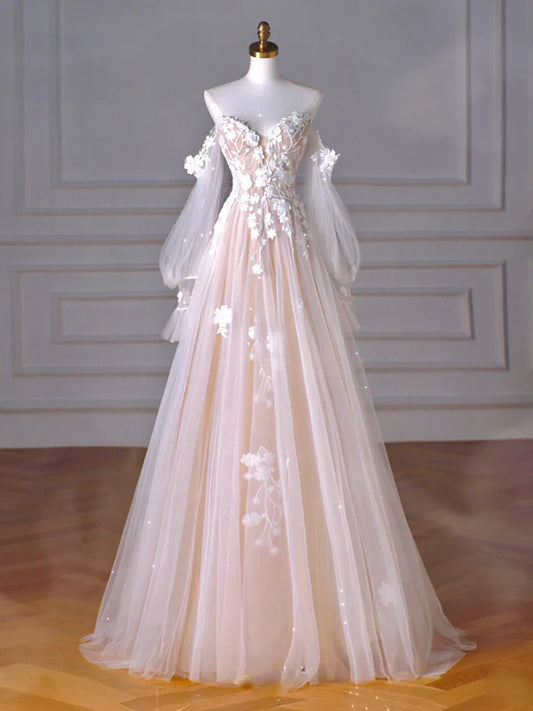 A-Line Long Sleeves Tulle Lace Champagne Long Prom Dress, Champagne Long Formal Dress ED0595