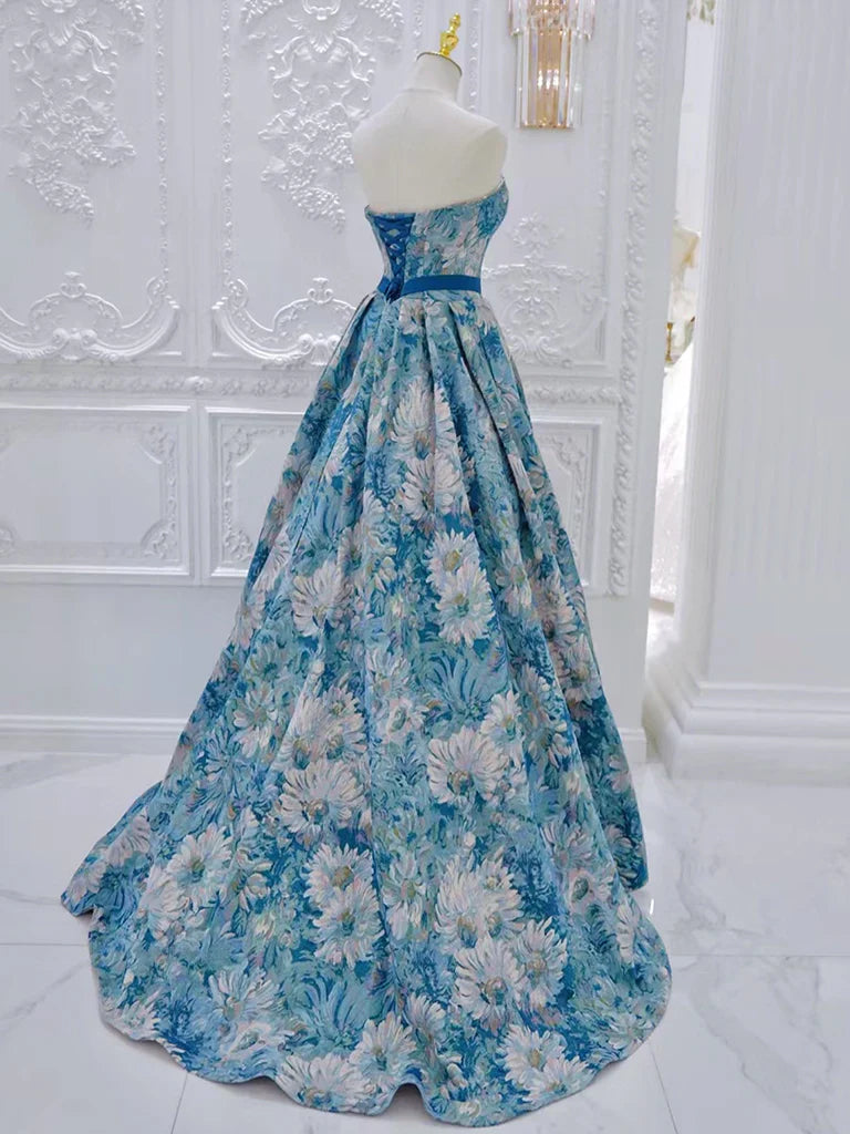A-Line Flower Satin Blue Long Prom Dress, Blue Long Formal Dress ED0596