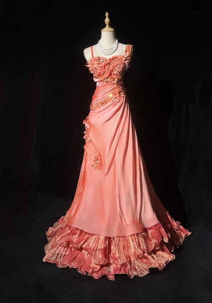 Cute Sheath Long Prom Dresses Coral Birthday Dresses Appliques Satin Straps Evening Dresses ED05960