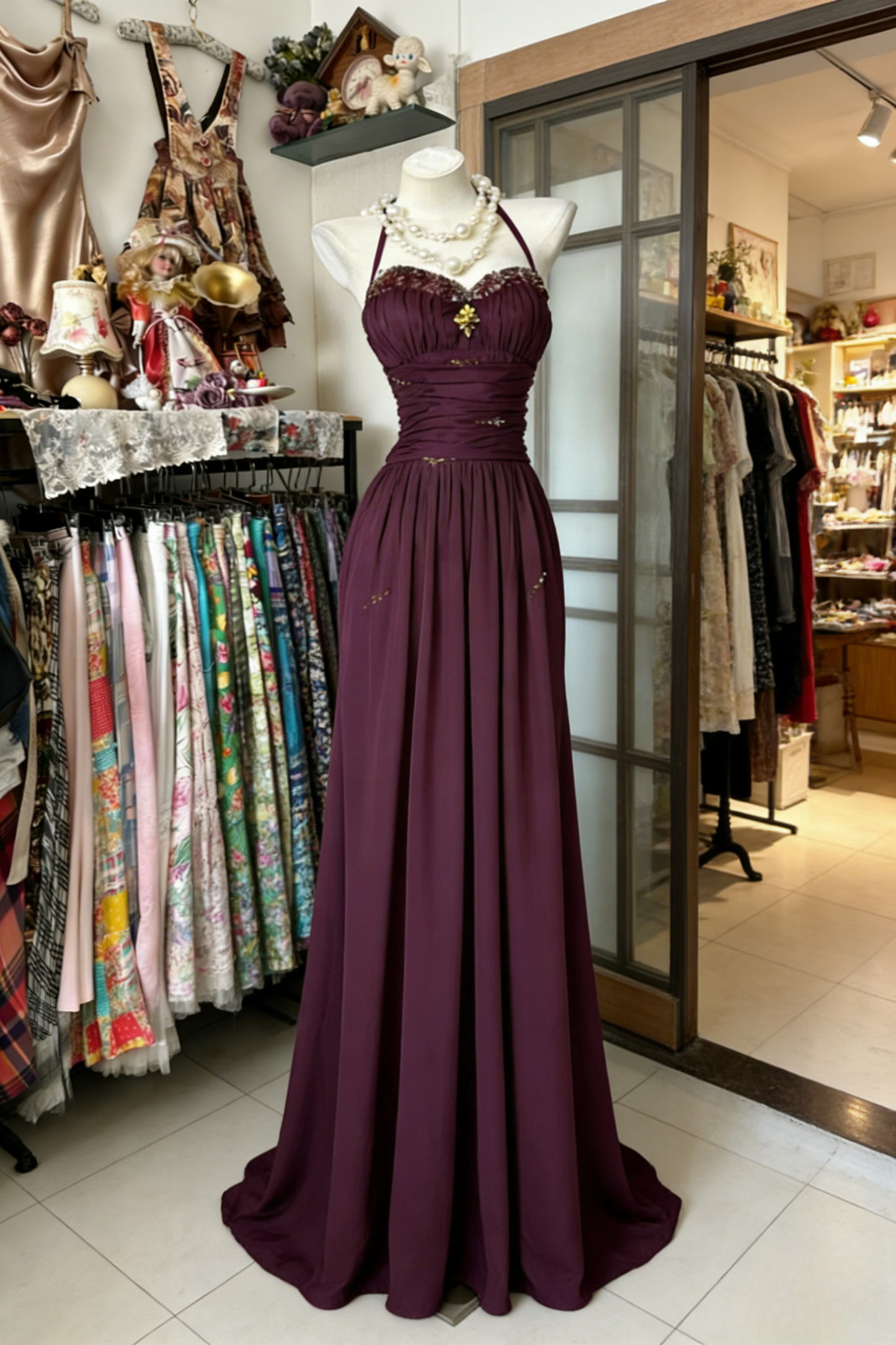 Chic Sheath Grape Wedding Guest Dresses Beaded Chiffon Halter Long Evening Dresses ED05964