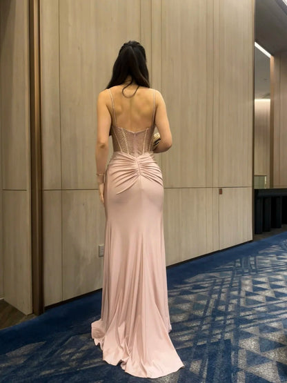 Elegant Sheath Dusty Pink Wedding Guest Dresses Beaded Satin Spaghetti Straps Evening Dresses with Slits ED05965