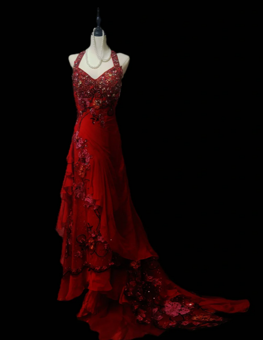 Elegant Sheath Burgundy Long Prom Dresses Appliques Chiffon Straps Evening Dresses ED05981