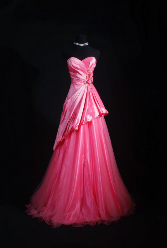 Cute A-Line Pink Long Prom Dresses Satin Tulle Strapless Evening Dresses ED05984