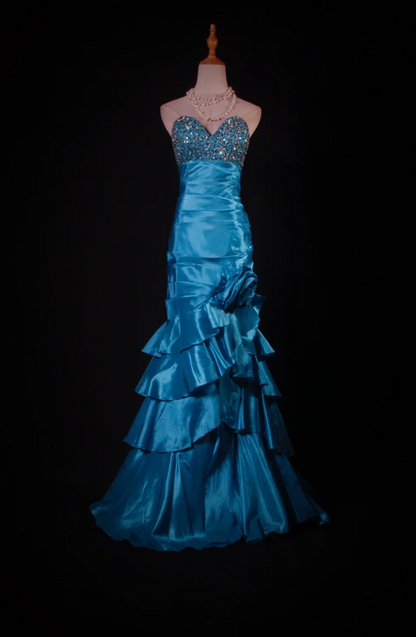 Cute Sheath Blue Bridesmaid Dresses Long Prom Dresses Satin Beaded Sweetheart Evening Dresses ED05986