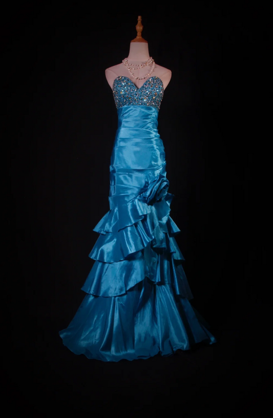 Cute Sheath Blue Bridesmaid Dresses Long Prom Dresses Satin Beaded Sweetheart Evening Dresses ED05986