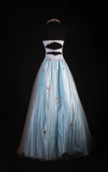 Cute Sheath Pale Blue Long Prom Dresses Satin Beaded Strapless Evening Dresses ED05987