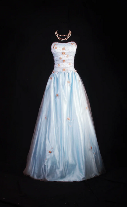 Cute Sheath Pale Blue Long Prom Dresses Satin Beaded Strapless Evening Dresses ED05987
