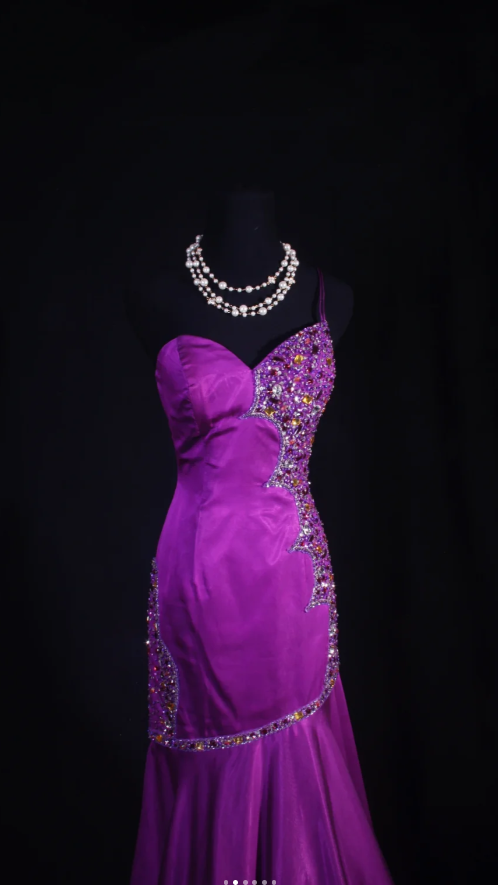 Glam Sheath Purple Long Prom Dresses Satin Beaded One-shoulder Evening Dresses  ED05988