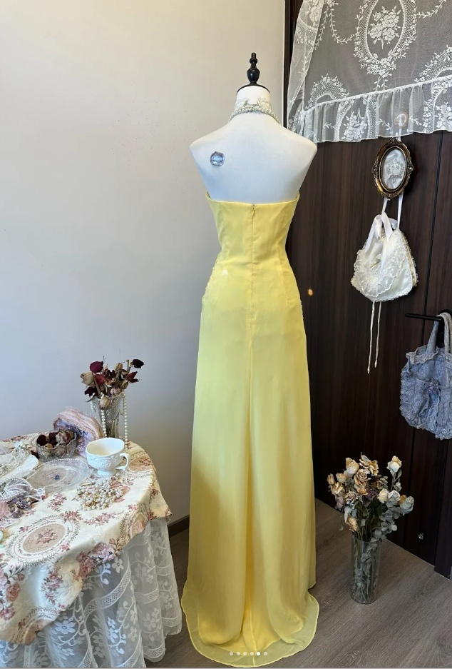 Cute Sheath Yellow Long Prom Dresses Chiffon Strapless Evening Dresses   ED05989