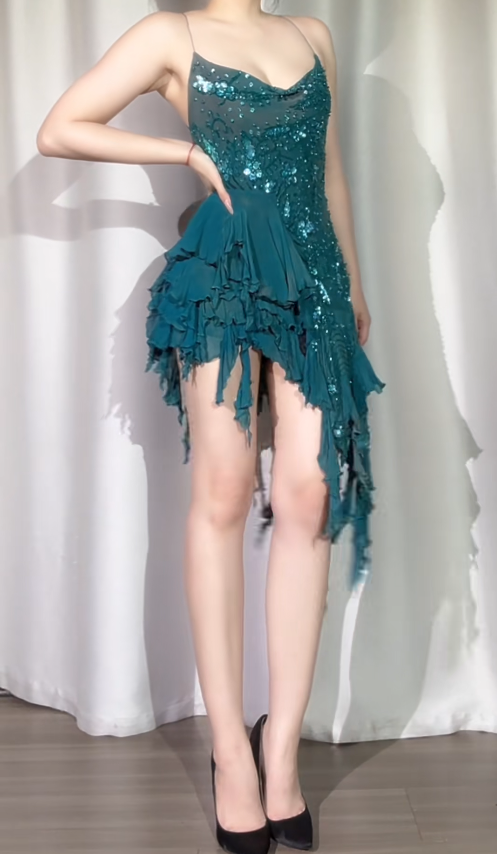 Sexy Sheath Teal Short Prom Dresses Chiffon Beaded Spaghetti Straps Evening Dresses   ED05991