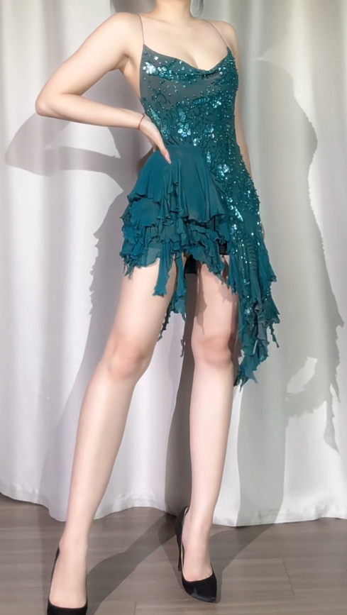 Sexy Sheath Teal Short Prom Dresses Chiffon Beaded Spaghetti Straps Evening Dresses   ED05991