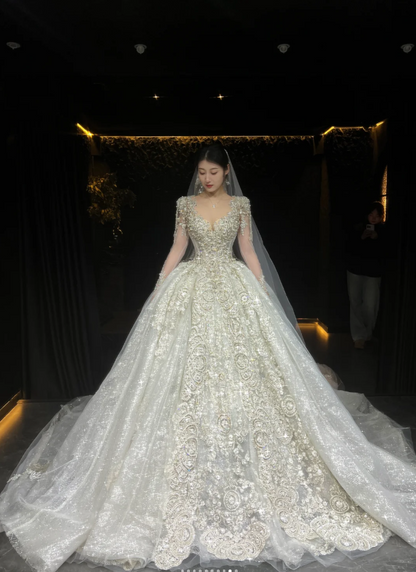 Chic A-Line Long Wedding Dresses Tulle  White Bridal Dresses Beaded Long Sleeves Bridal Gown ED05996