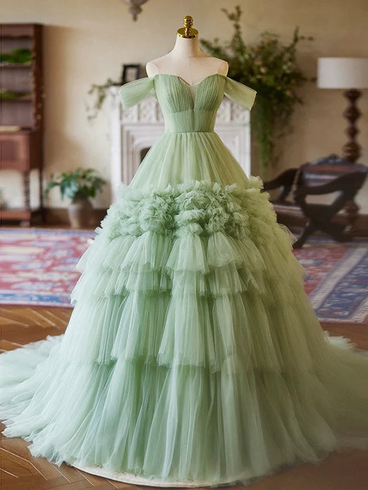 A-Line Off Shoulder Sweetheart Neck Tulle Green Long Prom Dress ED059