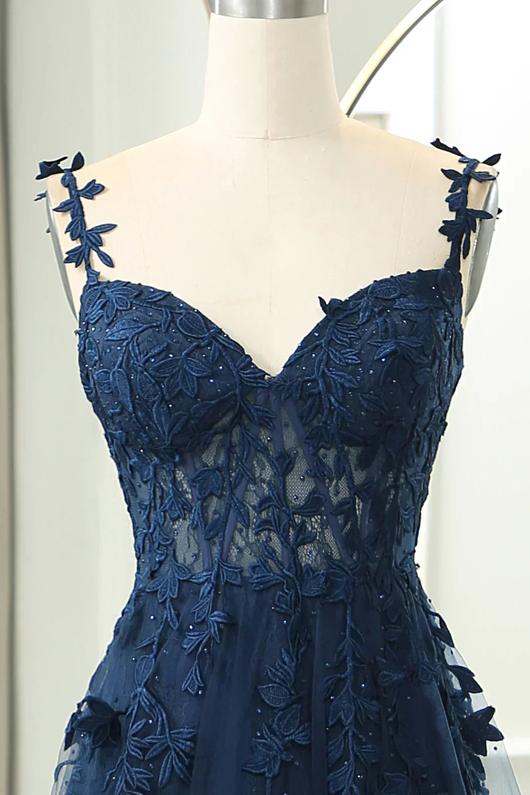 Elegant Sweetheart Neck Tulle Lace Dark Blue Long Prom Dress, Dark Blue Long Evening Dress HZ1024