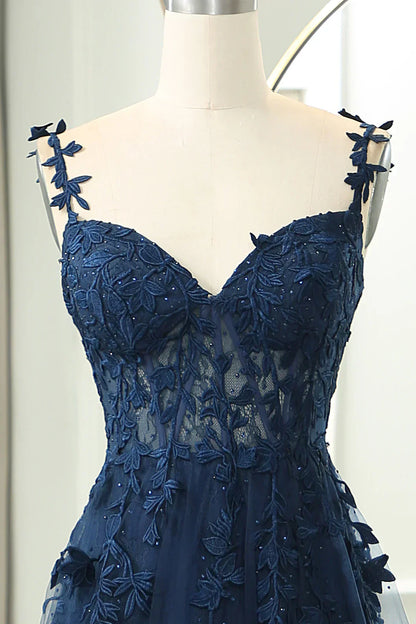 Elegant Sweetheart Neck Tulle Lace Dark Blue Long Prom Dress, Dark Blue Long Evening Dress HZ1024