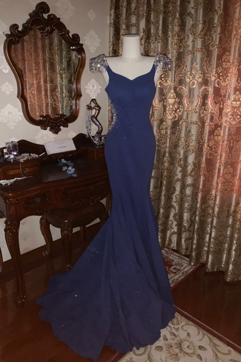 Elegant Navy Blue Long Prom Dresses Satin Mermaid Evening Dresses V-neck Sleeveless Formal Dresses ED06008