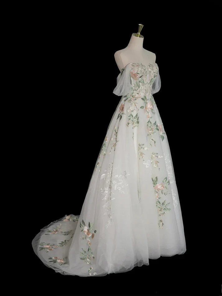 A Line Off Shoulder Tulle Lace Applique White Long Prom Dress Formal Dress SH3574