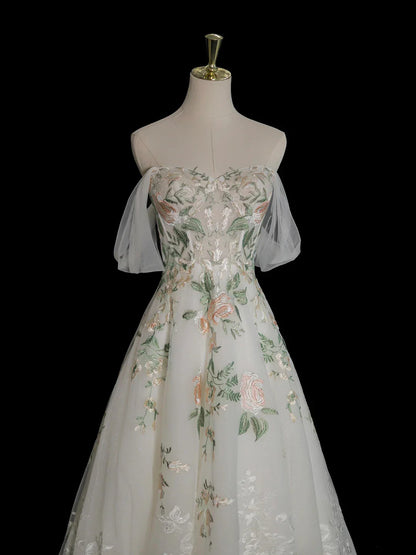 A-Line Off Shoulder Tulle Lace Applique White Long Prom Dress, White Long Formal Dress ED0600