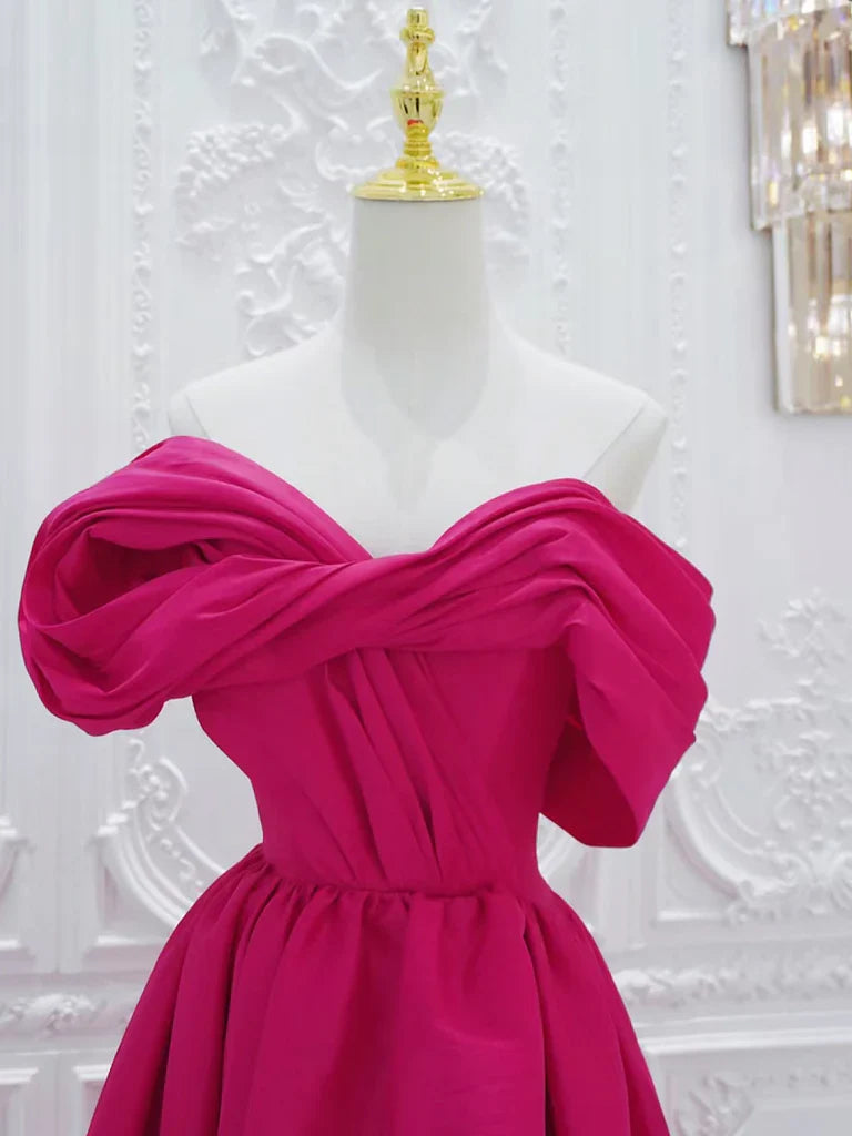 A-Line Off Shoulder Satin Rose Red Long Prom Dress, Rose Red Long Evening Dress ED0601