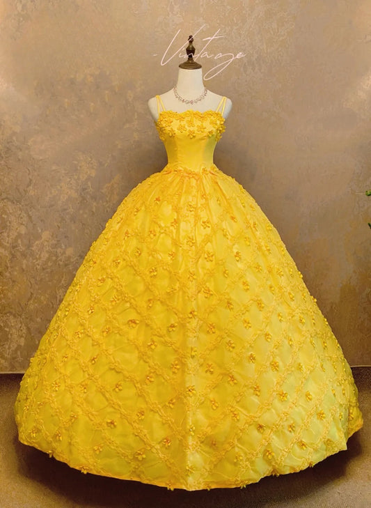 Fairy Yellow Long Prom Dresses Satin Appliques A-Line Sleeveless Quinceanera Dresses Spaghetti Straps Sweet 16 Dresses  ED06011