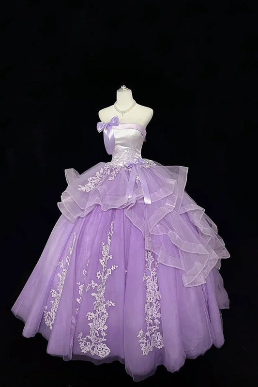 Fairy Lilac Long Prom Dresses Tulle Appliques A-Line Sleeveless Quinceanera Dresses Strapless Sweet 16 Dresses   ED06012