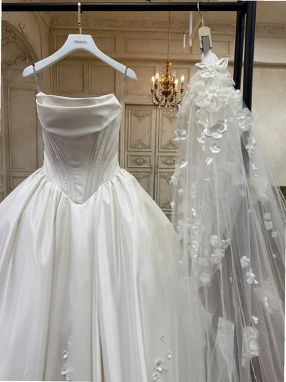 Fairy A-line Long Wedding Dresses Satin White Bridal Gowns Sleevless Strapless Bridal Dresses ED06015