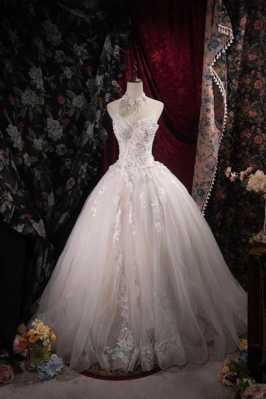 Fairy A-line Long Wedding  Dresses Tulle Appliques White  Bridal Gowns Sleeveless   Sweetheart Bridal Dresses ED06018
