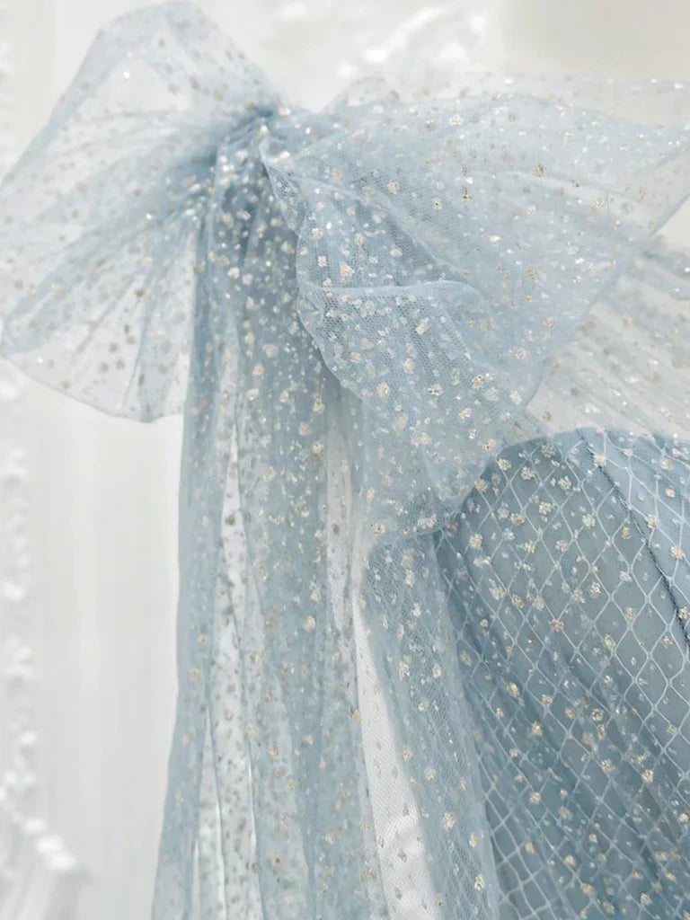 A-Line One Shoulder Tulle Sequin Gray Blue Long Prom Dress, Sequin Long Formal Dress ED0602