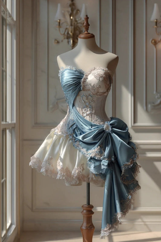 Gorgeous A-Line Blue Short Prom Dresses Satin Lace Sweetheart Birthday Dresses Sleeveless Evening Dresses ED06027
