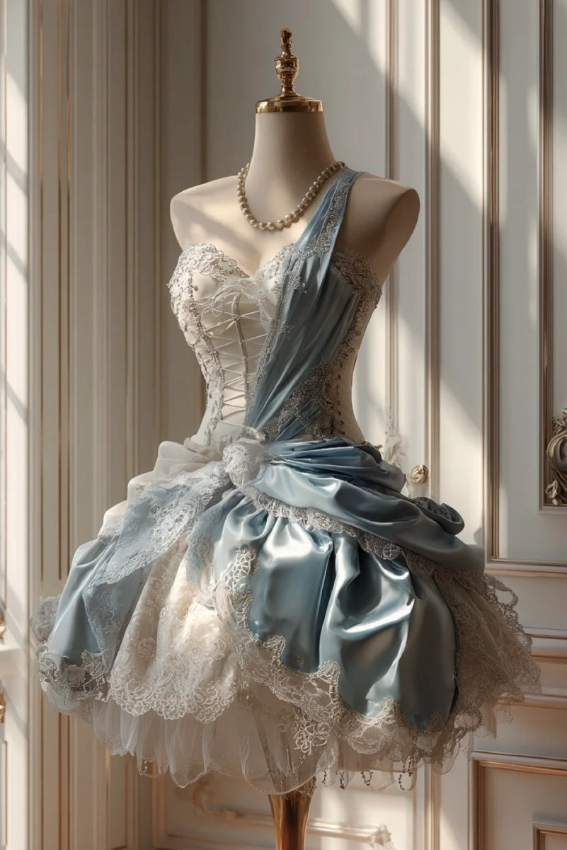 Gorgeous  A-Line Blue Short Prom Dresses Satin Lace One-shoulder Birthday Dresses Sleeveless Evening Dresses ED06027