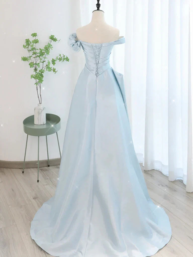Blue Satin Tulle Long Prom Dress, Blue Tulle Long Evening Dresses HZ1024