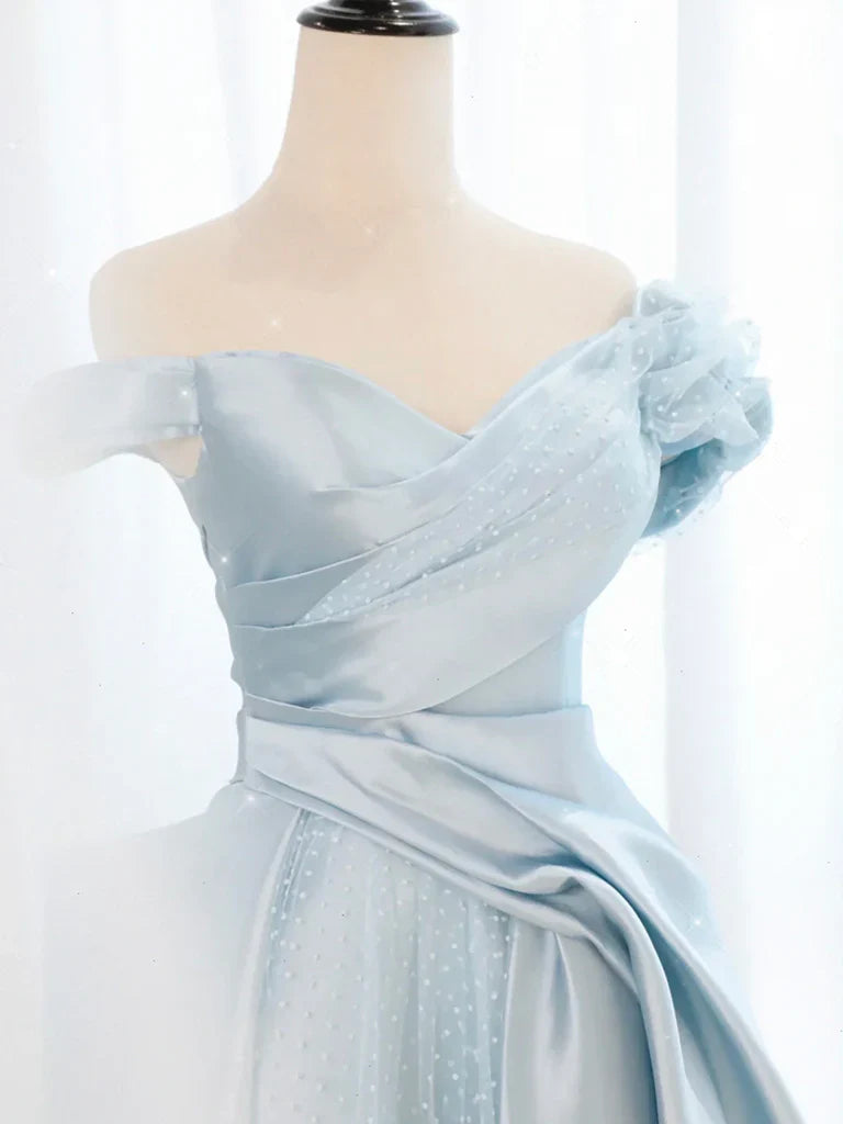 A-Line Blue Satin Tulle Long Prom Dress, Blue Tulle Long Evening Dresses ED0604
