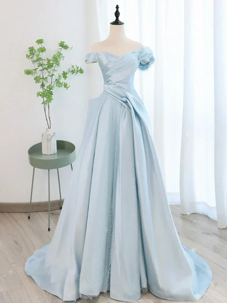 Blue Satin Tulle Long Prom Dress, Blue Tulle Long Evening Dresses HZ1024