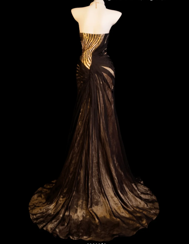 Vintage Sheath Black Long Prom Dresses Satin Beaded Strapless Evening Dresses   ED06043