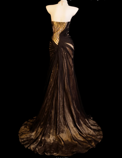 Vintage Sheath Black Long Prom Dresses Satin Beaded Strapless Evening Dresses   ED06043