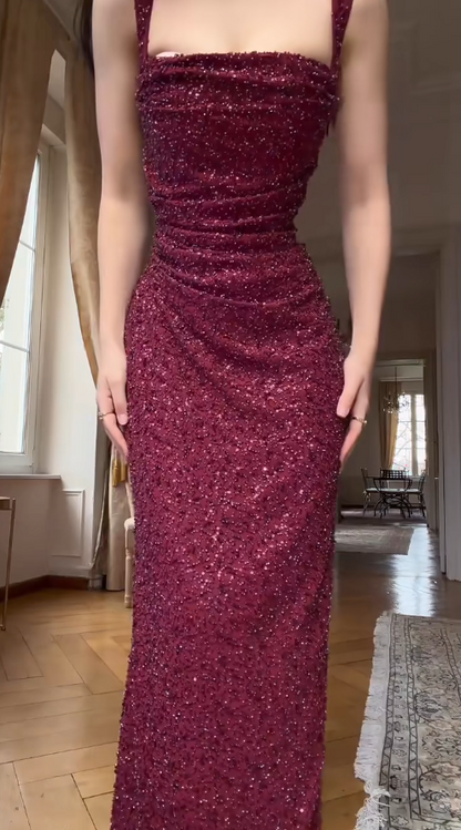 Sexy Sheath Burgundy Long Prom Dresses Satin Beaded Spaghetti Straps Evening Dresses ED06044