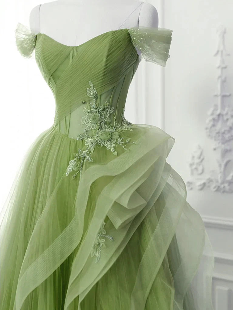 A-Line Tulle Lace Green Long Prom Dress, Green lace Long Formal Dress ED0605