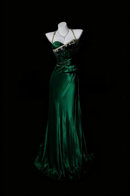Gorgeous Dark Green Sheath Long Prom Dresses Satin Sheath Evening Dresses Spaghetti Straps Birthday Dresses ED06055