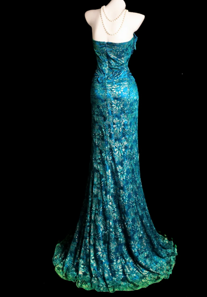 Elegant Strapless Blue Long Prom Dresses Lace Appliques Sheath Evening Dress ED06057