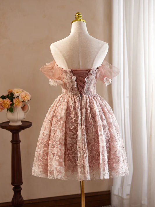A-Line Off Shoulder Tulle Lace Pink Short Prom Dress, Pink Homecoming Dress ED0606