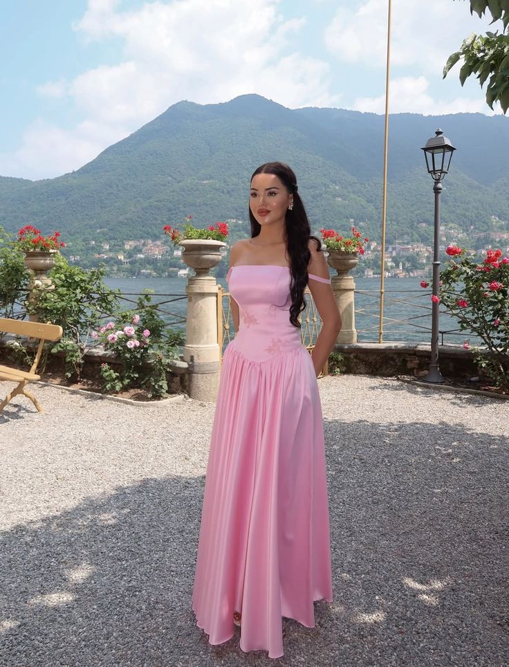 Elegant Spaghetti Straps Pink Long Prom Dresses Satin A-Line Birthday Dresses  ED06066