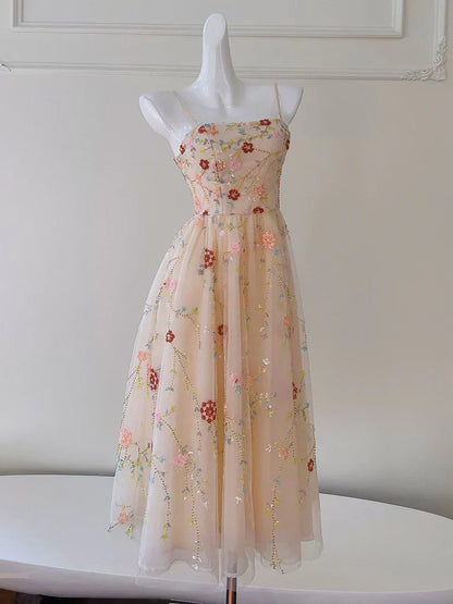 Tulle Sequin Beads Champagne Tea Length Prom Dress, Champagne Homecoming Dress HZ1024
