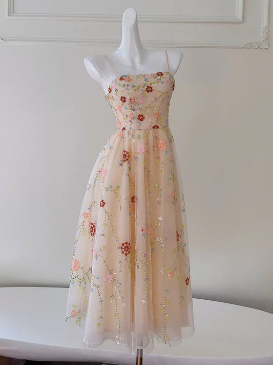 Tulle Sequin Beads Champagne Tea Length Prom Dress, Champagne Homecoming Dress HZ1024