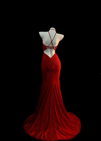 Sexy Red Long Prom Dresses Sweetheart Mermaid Evening Dresses Satin Backless Formal Dresses ED06077