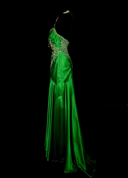 Elegant Green Long Prom Dresses Spaghetti Straps Sheath Evening Dresses Appliques Satin Sleeveless Formal Dresses ED06079