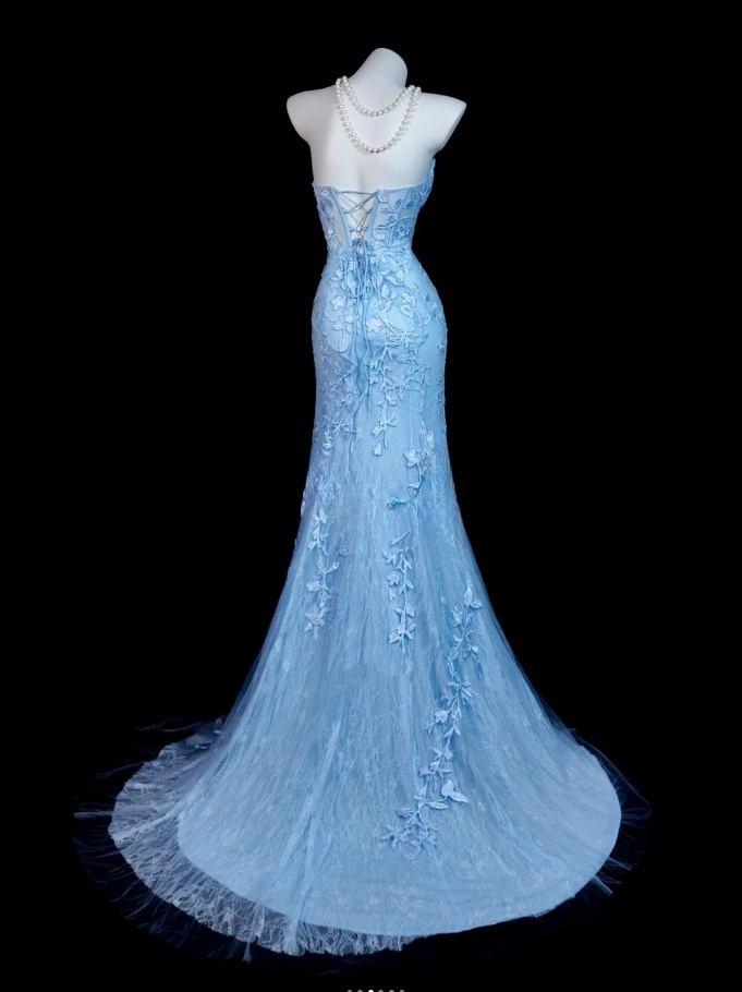 Chic Blue Long Prom Dresses Sweetheart Sheath Slit Evening Dresses  Applique Tulle Sleeveless Formal Dresses ED06085