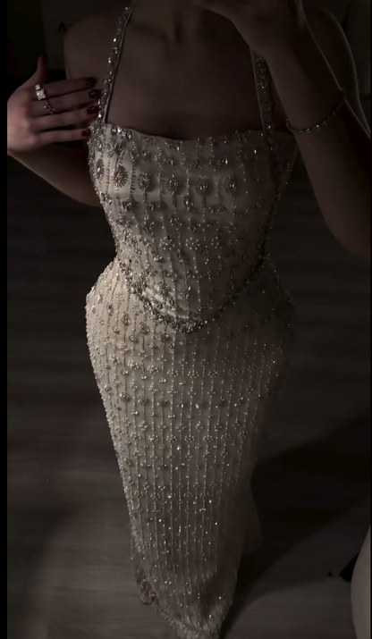 Sexy Light Champagne Long Prom Dresses Halter Sheath Birthday Dresses Beaded Satin Sleeveless Evening Dresses ED06089